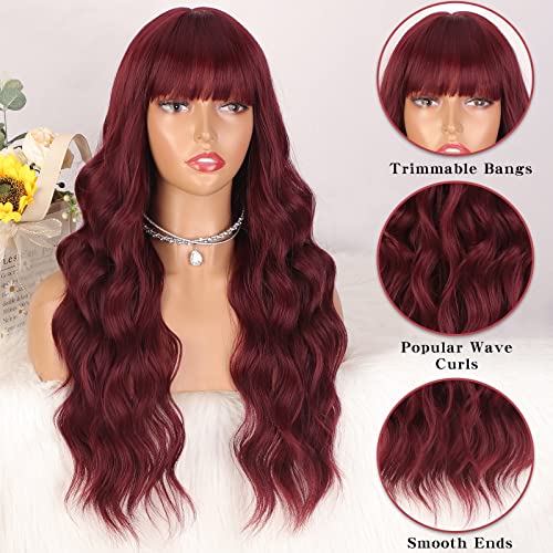 Long Wigs for Women - 24 Inch Wavy Wig with Bangs - Wine Red