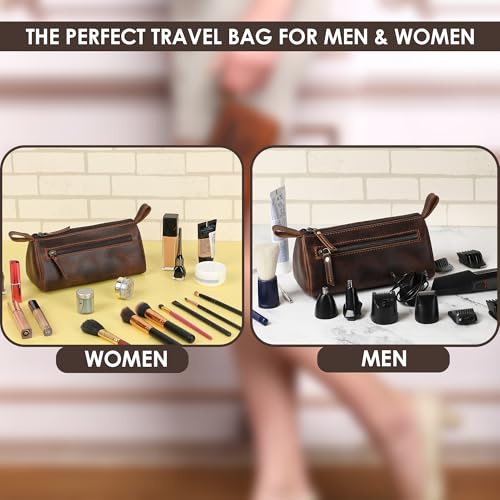 Leather Makeup Bag for Women ? Genuine Leather Cosmetic Bag Travel, Handmade Zippered Makeup Pouch, Small Toiletry Bag, Shaving Kit & Stationery Organizer- Brown