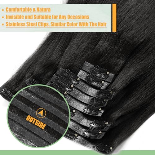 14 Inch Seamless Yaki Straight Clip-In Hair Extensions - Jet Black, 8Pcs, 115g