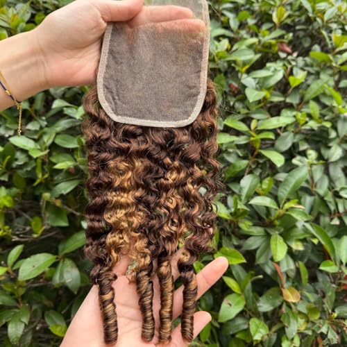 ALHER Honey Blonde Burmese Curly Lace Closure 14 Inch 4x4 Highlighted Human Hair