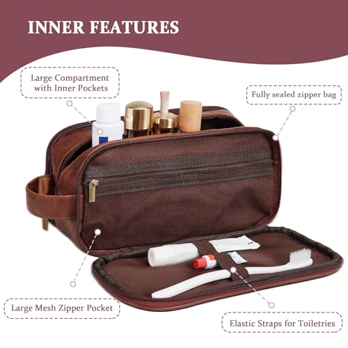 Men's PU Leather Travel Toiletry Bag with Engraved Initials, Waterproof, Red Brown A