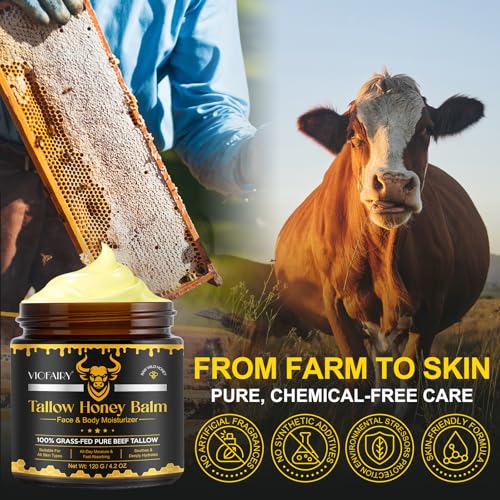 Tallow and Honey Balm for Face - Beef Tallow for Skin - 100% Organic Grass-Fed Beef Tallow & Raw Wild Honey -Moisturizing Cream for Soft, Smooth Skin- Light Scent, Moisturizing Natural Formula, 4.0 Oz
