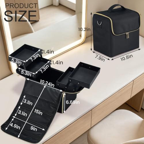 Large Travel Makeup Case with 4 Tiers, Organizer & Luggage Sleeve