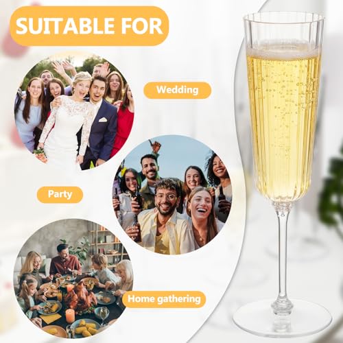 Clear Plastic Ribbed Champagne Flutes Set of 100, 6.4 oz Disposable Drinkware for Parties