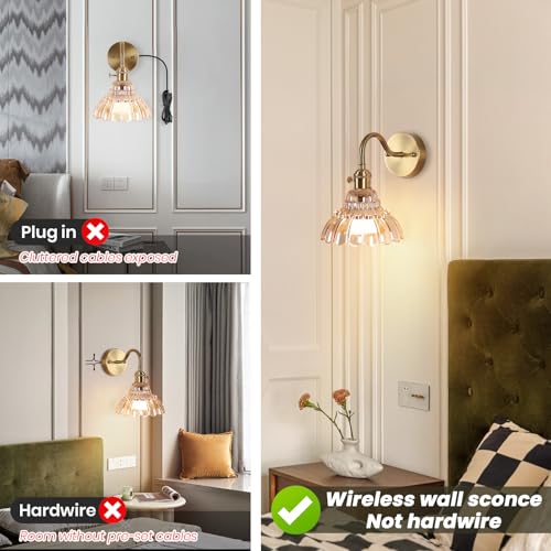Flower Amber Rechargeable Battery-Operated Wall Sconce Set of 2 - Dimmable Wireless Brass Lamps with Remote for Bedroom Living Room