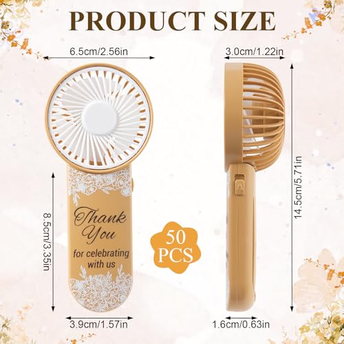 Brown Mini Electric Handheld Wedding Fans Pack of 50 with Thank You & Flower Patterns