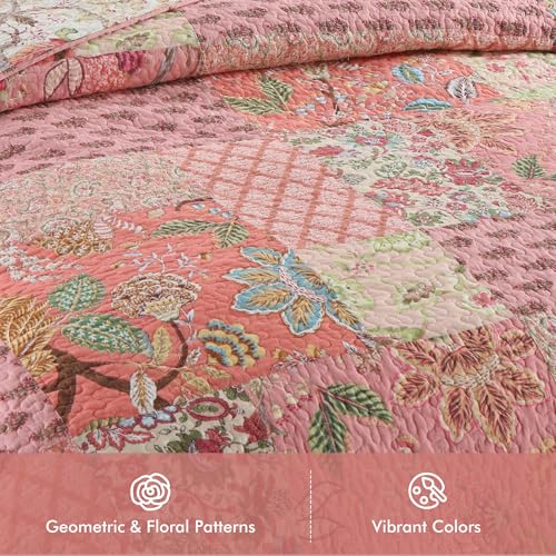Pink Floral Cotton Quilt Set Queen Size Reversible Bedspread for All Seasons