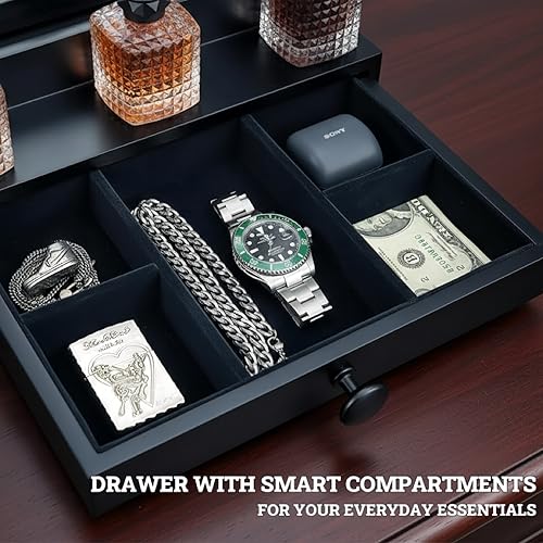 Wooden Cologne Organizer For Men 4 Tier Black | High Grade Velvet Lining and Stylish Gift Box | Side Compartment | Space Aid Cologne Holder | Perfume Display Stand | Dresser Countertop Decor