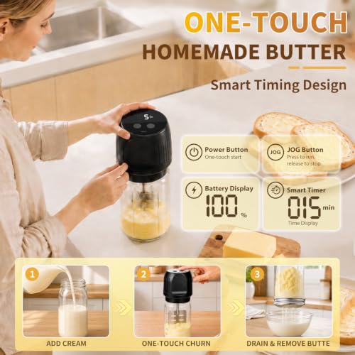 Electric Butter Churn 32oz Cordless High-Speed Maker 8000RPM - 5-10 Min