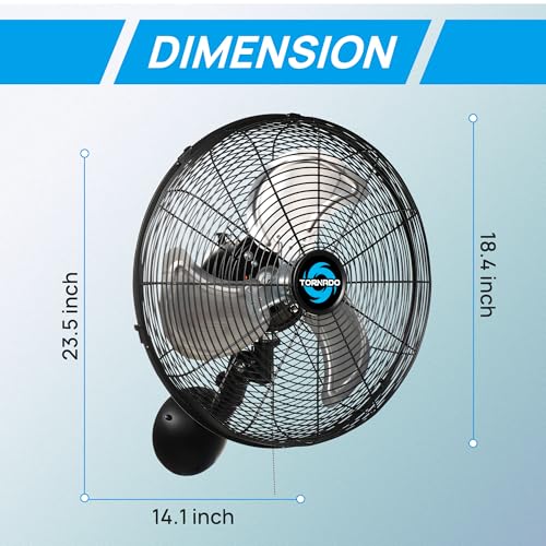 Tornado 16-Inch Pro Series Oscillating Wall Mount Fan - Black, Heavy Duty, 3-Speed, 2850 CFM