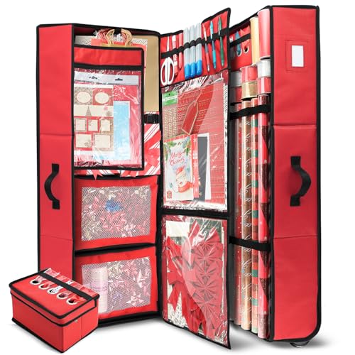 Extra Large Wrapping Paper Storage Container with Ribbon Dispenser and Wheels - Red, Fits 30 Rolls of 40"