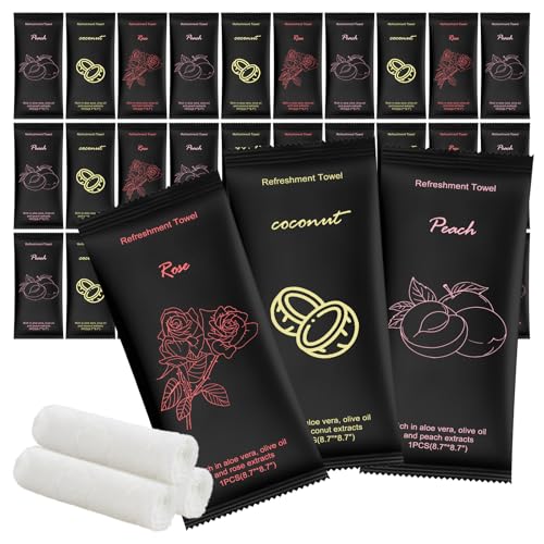 Moist Cotton Towel Bulk Moist Towelettes Individually Wrapped 8.7" x 8.7",White Towel Services,Refreshment Pre Moistened Towels Peach,Rose and Coconut for Sport Party Spa(Pack of 150)