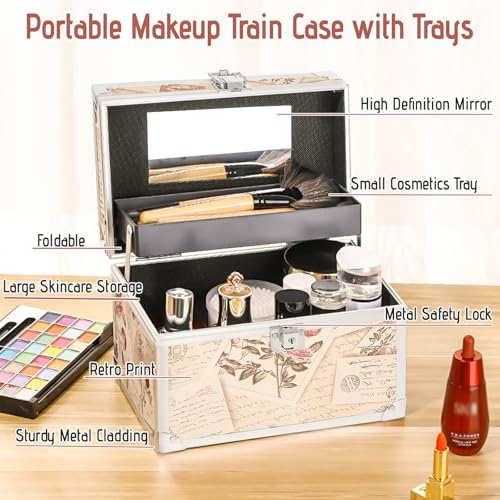 Vintage Stamp Makeup Train Case with Mirror - Lockable Portable Cosmetic Organizer