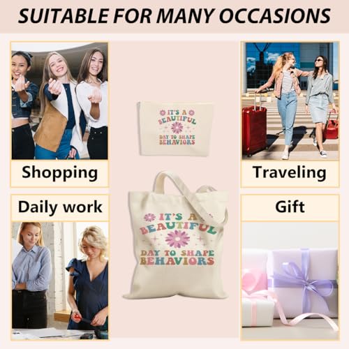To Shape Behaviors 2pcs Cosmetic Bag Canvas Tote Bag for Women, Beach Grocery Canvas Tote, Behavior Therapist ABA Therapist Appreciation Gift for Friend Nurse Birthday Christmas Mental Health Gifts