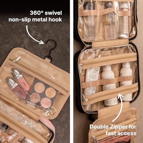 Carrywell (Not Made In China) Toiletry Bag Travel Bag with Hanging Hook, Makeup Organizer Case, Water-Resistant Cosmetic Bag For Full-size Containers, Toiletries, Pink Large+
