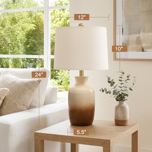PoKat 24-Inch Farmhouse Ceramic Table Lamp - Beige & Brown Ombre for Living Room & Bedroom