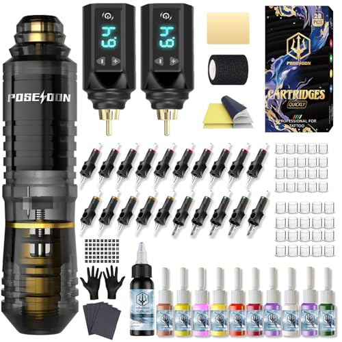 Black Poseidon Wireless Tattoo Gun Kit for Beginners with 2 Batteries