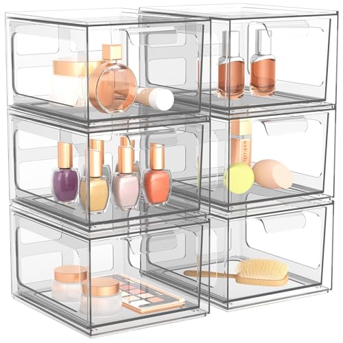 6 Pack Stackable Plastic Makeup Organizer Drawers, Acrylic Organizers, Clear Storage Bins with Pull-Out Handles for Vanity, Kitchen Cabinets, Pantry