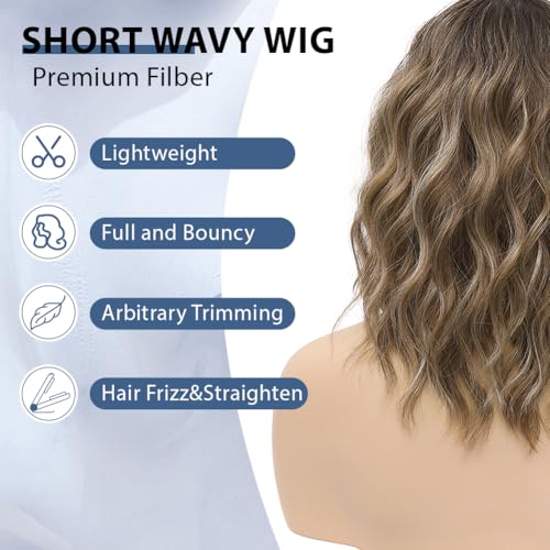 LOSOMEEER Short Wavy Bob Wig with Bangs - Honey Blonde Highlight, 14 Inch, Heat-Resistant Fiber