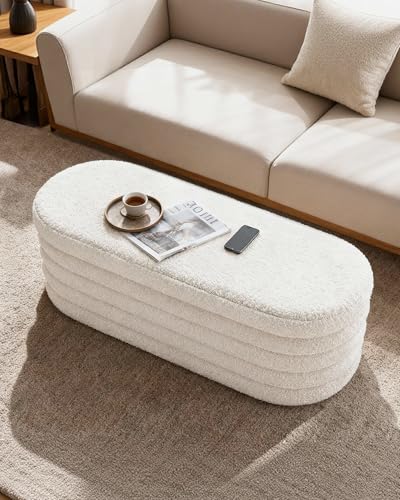 43-Inch Storage Ottoman Bench with Padded Top and Sherpa White Fabric