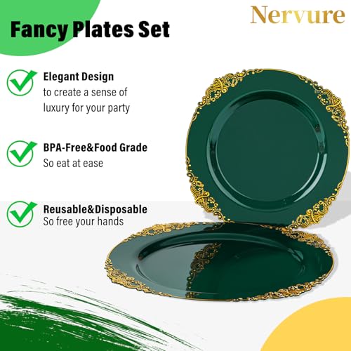 Green Plastic Dinnerware Set for 50 Guests - Gold Rim, 350 Pieces, Includes Plates Cups & Utensils
