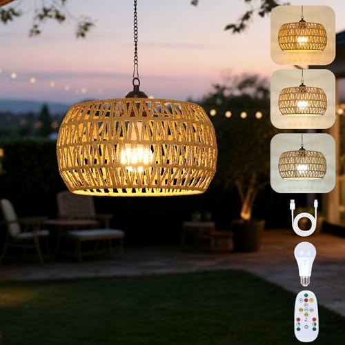 Battery Operated Rattan Pendant Light with Remote - 11.8” Boho Outdoor Chandelier for Porch & Indoor Use - Variation 1