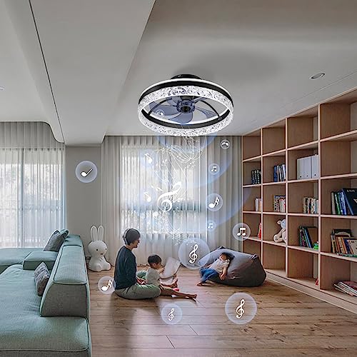 Low Profile Flush Mount Ceiling Fan with Light, Bluetooth Speaker & Remote - Black