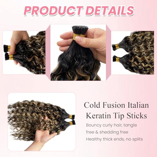 Water Wave I Tip Human Hair Extensions - Balayage Natural Black with Honey Blonde Highlights - 14 Inch, 100 Strands - Variation #1BP27