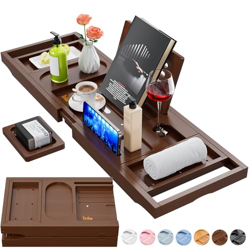 Foldable Bamboo Bathtub Caddy Tray - Adjustable Bath Tray for Tub - Brown - Yirilan