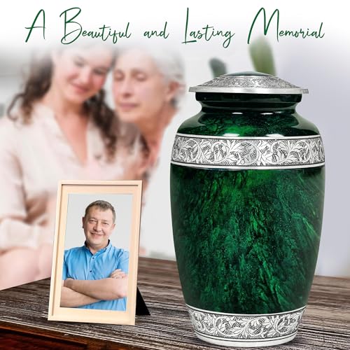 Large Hand-Engraved Green Marble Cremation Urn for Adults with Ash Pendant & Velvet Bag - 220lbs Capacity