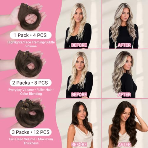 MAXITA Clip-In Human Hair Extensions N-#4A Chocolate Brown 16 Inch 60g 4PCS
