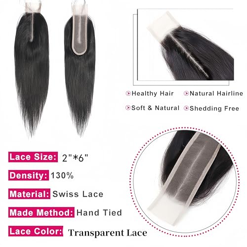 Risbaer 18 Inch Brazilian Straight 2x6 HD Lace Closure Human Hair Middle Part