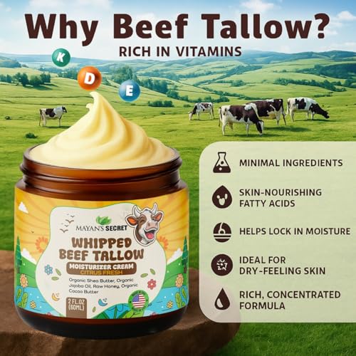 Mayan's Secret Beef Tallow Whipped Moisturizer ? Grass Fed with Jojoba, Shea & Cacao Butter, Raw Honey ? Hydrates Dry & Sensitive Skin ? USA Made, Citrus Fresh (2 Ounce (Pack of 2))