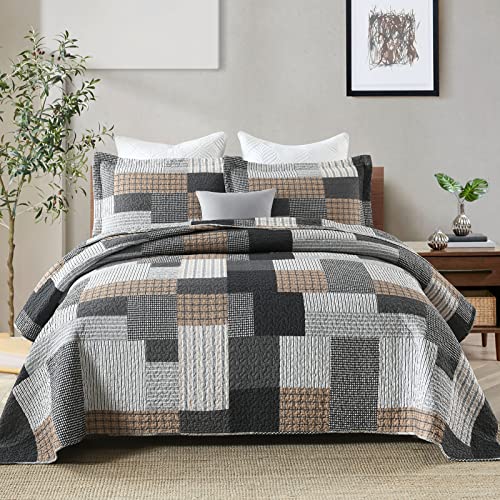 Queen 3-Piece Cotton Patchwork Quilt Set with Reversible Plaid Design - All-Season Bedding, Grey/Black/Brown/White, 90x98 inches