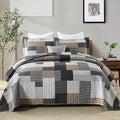 Queen 3-Piece Cotton Patchwork Quilt Set with Reversible Plaid Design - All-Season Bedding, Grey/Black/Brown/White, 90x98 inches