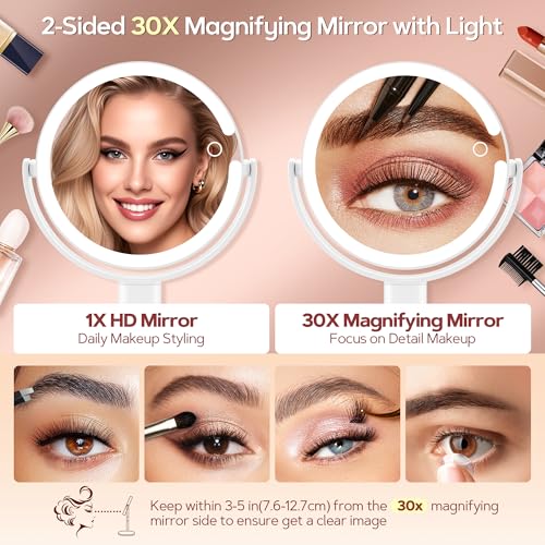 White Double-Sided Lighted Makeup Mirror with 30X Magnification & Phone Holder