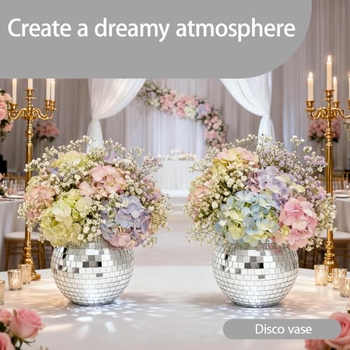6 Pcs Disco Ball Vase Set - Silver Mirror Plastic Centerpieces for Wedding & Party Decor - Variation 6