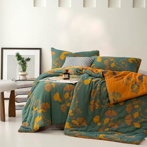 Purefair Green Yellow 100% Cotton Muslin Jacquard Comforter Set - King, Reversible Floral Ginkgo Print, All-Season Bedding