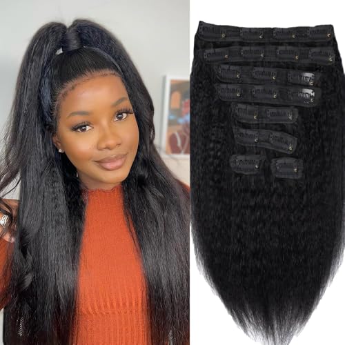 14 Inch Kinky Straight Clip-In Hair Extensions 110g Brazilian Human Hair for Women - Double Weft, Natural Black