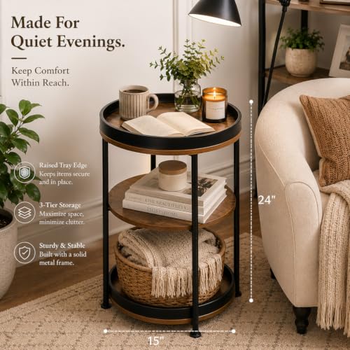 Dulcii Rustic Brown Round Side Table with 3 Storage Shelves - Classic Variation