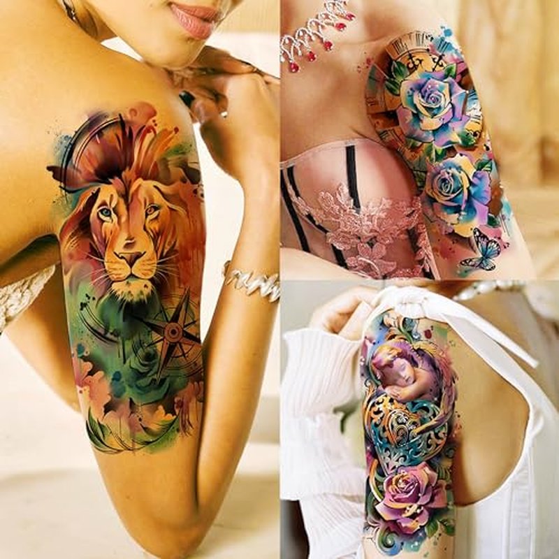 18 Sheets Large Full Arm Temporary Tattoos For Adults, 8 Sheets Peocock Lion Wolf Tiger Compass Flower Fake Sleeve Tattoos For Women Thigh, 10 Sheets Watercolor Rose Half Arm Tatoos Stickers