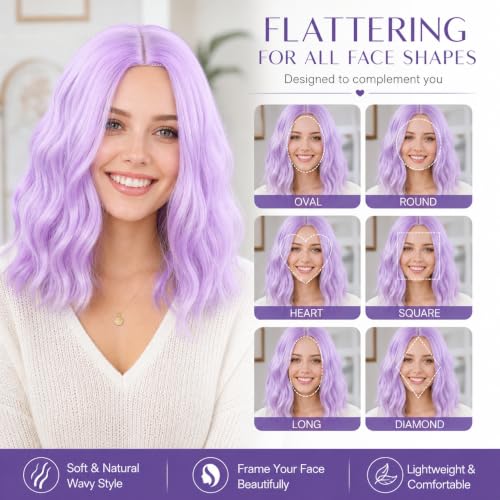 eNilecor Purple Wigs for Women Short Wavy Bob 14 Inch Middle Part Synthetic Lilac Neon Wig for Cosplay & Party - Lavender Purple