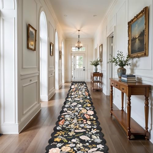 Black 3ft x 20ft Washable Hallway Runner Rug - Boho Scalloped Design