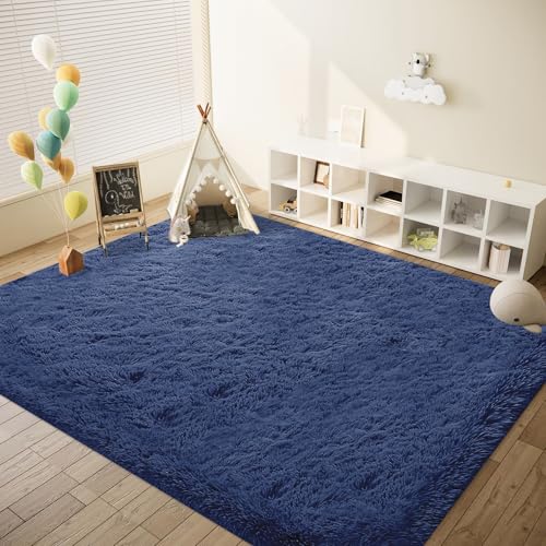 VECARF Navy Blue 8'x10' Shag Area Rug - Soft Washable Fuzzy Indoor Carpet for Living Room & Bedroom