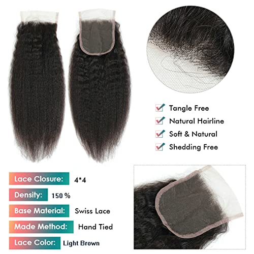 12 Inch Human Hair Lace Closure 4x4 Kinky Straight Natural Color Free Part