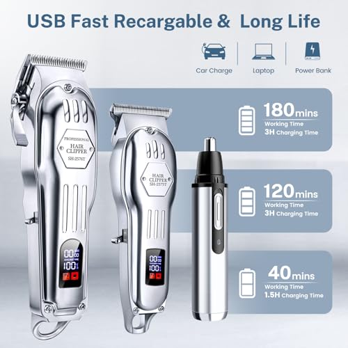 KIKIDO Hair Clippers for Men, Professional Cordless Hair Trimmers Set, Rechargeable Nose Hair Beard Trimmer, Hair Cutting Machine Haircut Grooming Kit (Sliver-3)