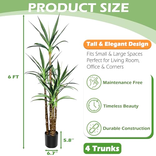 6Ft Faux Agave Tree with 4 Stems, Tall Artificial Plant in Plastic Pot for Home Office Decor