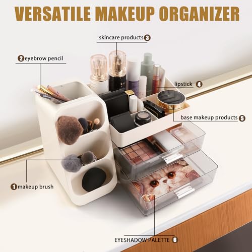 Homeanda Makeup Organizer with Drawers ? Large Cosmetic Storage Box for Vanity, Bathroom, or Bedroom, Perfect for Skincare, Brushes, Lipstick, Eyeshadow,and Beauty Essentials (White)