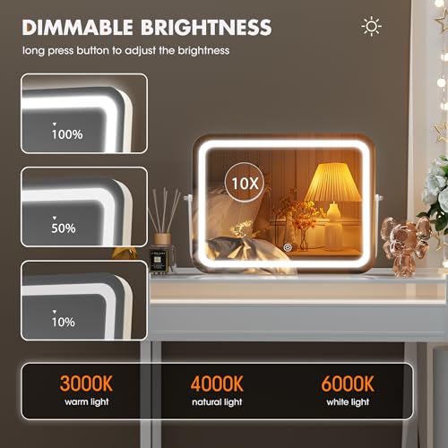 Hasipu Vanity Mirror with Lights, 18" x 14" LED Makeup Mirror, 3 Modes Light, Smart Touch Control Dimmable, 360¡ÆRotation, Rectangle White Frame, with 5X Magnifying Glass