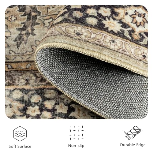 8x10 Charcoal & Olive Washable Area Rug - Vintage Retro Boho Large Carpet, Non Slip, Low Pile for Living Room & Bedroom - Variation of B-Charcoal / Olive